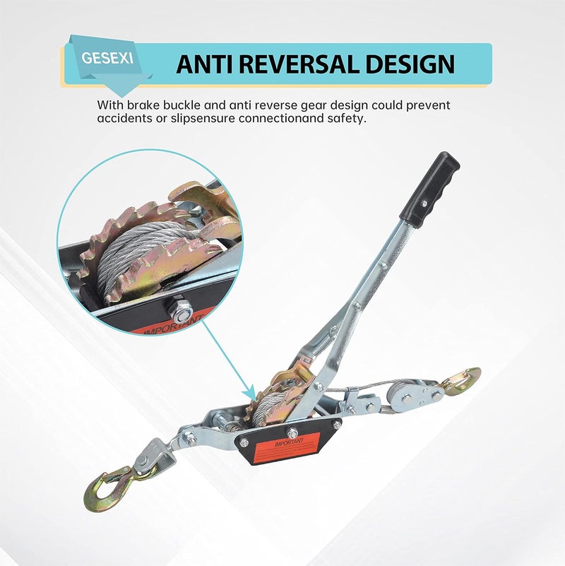 GESEXI 4 Ton Dual Gear Power Puller, 2 Hook Steel Cable Dual Gear Power Ratchet Come Along Puller Tool with Cable Automotive Hoist Hand Winch Cable Puller Stretcher Lift 8,800 Lbs - Image 2